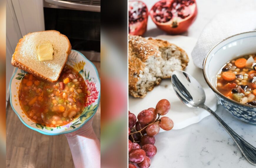 Left: cover still from an Instagram reel by @. Right: A plate with hearty soup, a loaf of bread, grapes and pomegranate (Unsplash photo by Carolyn Delacorte).