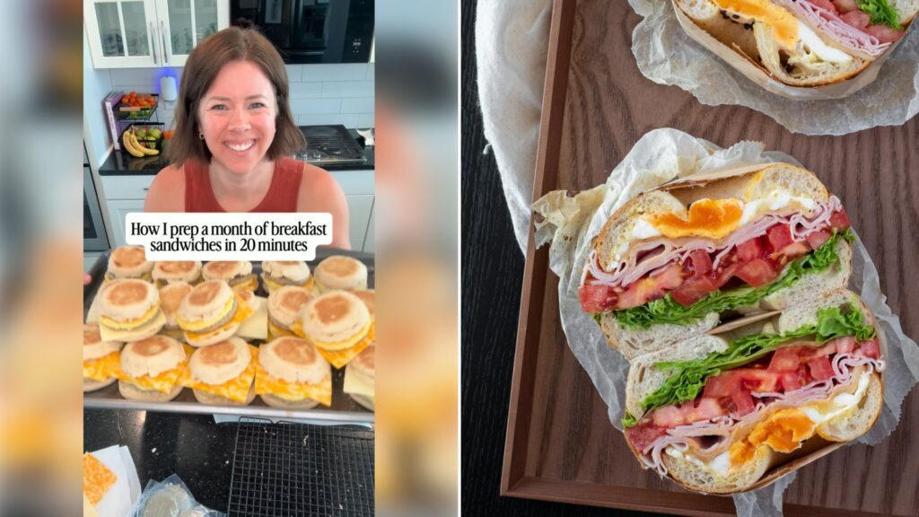 Left: cover still from an Instagram reel by @. Right: A sandwich on a bagel with tomato and lettuce (Unsplash photo by Vicky Ng).