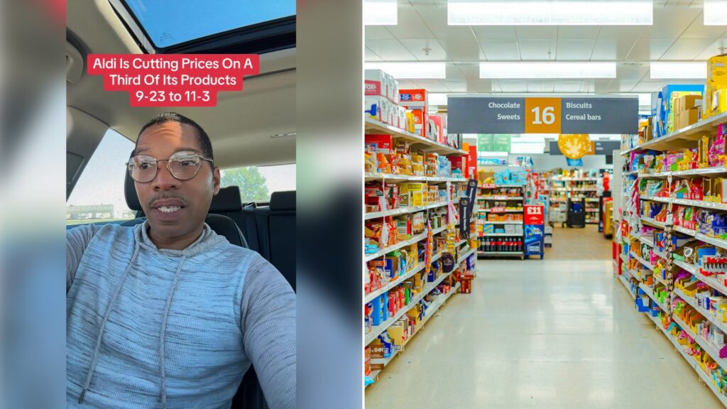 Left: cover still from a TikTok video by @@olliebubs09. Right: A supermarket aisle with shelves full of packaged snacks (Unsplash photo by Jack Lee).