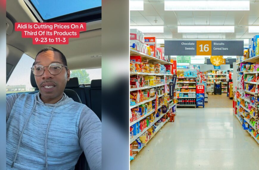 Left: cover still from a TikTok video by @@olliebubs09. Right: A supermarket aisle with shelves full of packaged snacks (Unsplash photo by Jack Lee).