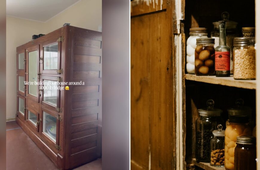 Left: cover still from a TikTok video by @@boogesmom. Right: Preserve jars on a wooden shelf in an old-fashioned kitchen pantry (Unsplash photo by Annie Spratt).