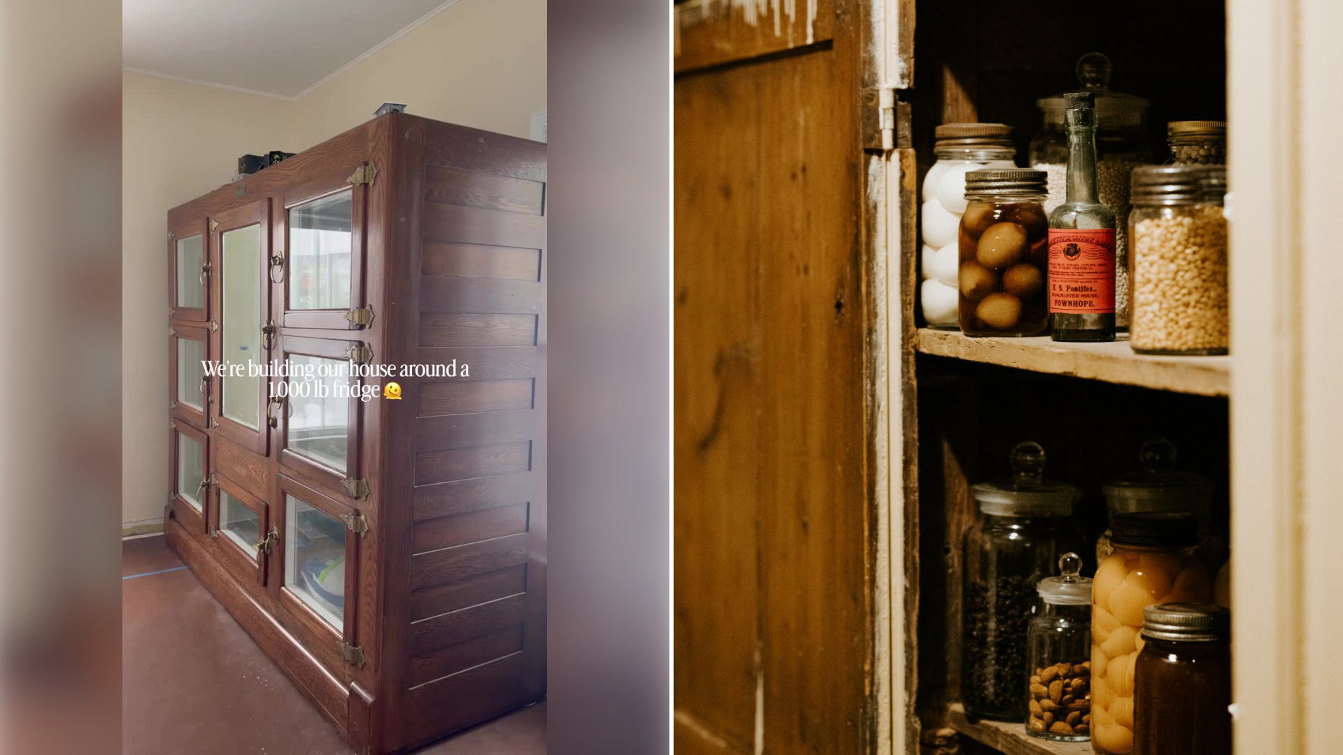 Left: cover still from a TikTok video by @@boogesmom. Right: Preserve jars on a wooden shelf in an old-fashioned kitchen pantry (Unsplash photo by Annie Spratt).
