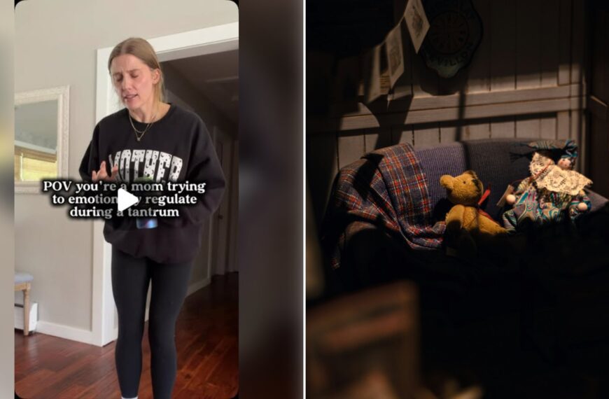 Left: cover still from an Instagram reel by @. Right: Teddy bear sitting on a couch in a dim living room (Unsplash photo by Rafael AS Martins).