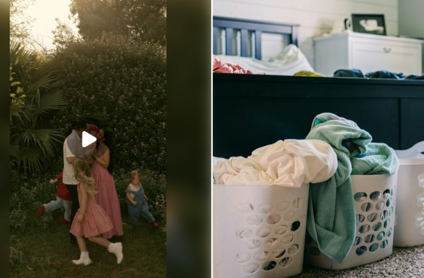 Left: cover still from an Instagram reel by @. Right: Three laundry baskets full of laundry on the floor next to a bed (Unsplash photo by Jessica Lewis).