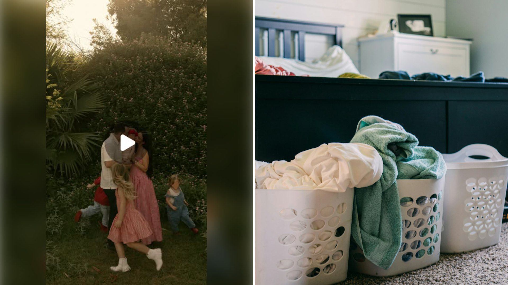 Left: cover still from an Instagram reel by @. Right: Three laundry baskets full of laundry on the floor next to a bed (Unsplash photo by Jessica Lewis).