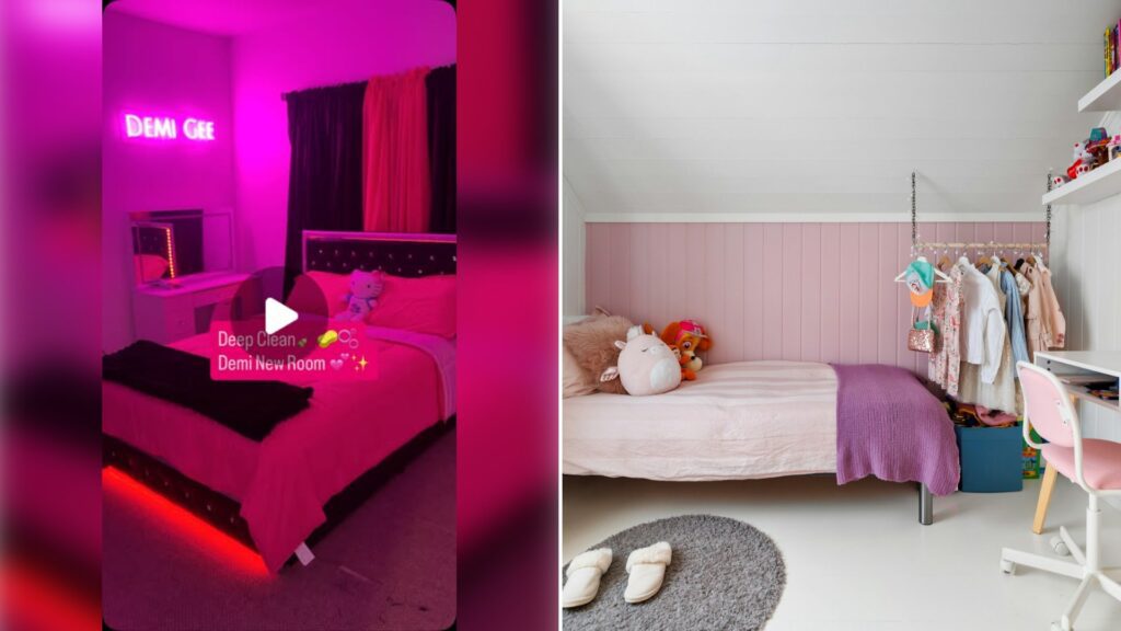 Left: cover still from an Instagram reel by @. Right: Child's bedroom with a bed, desk and chair (Unsplash photo by Lisa Anna).