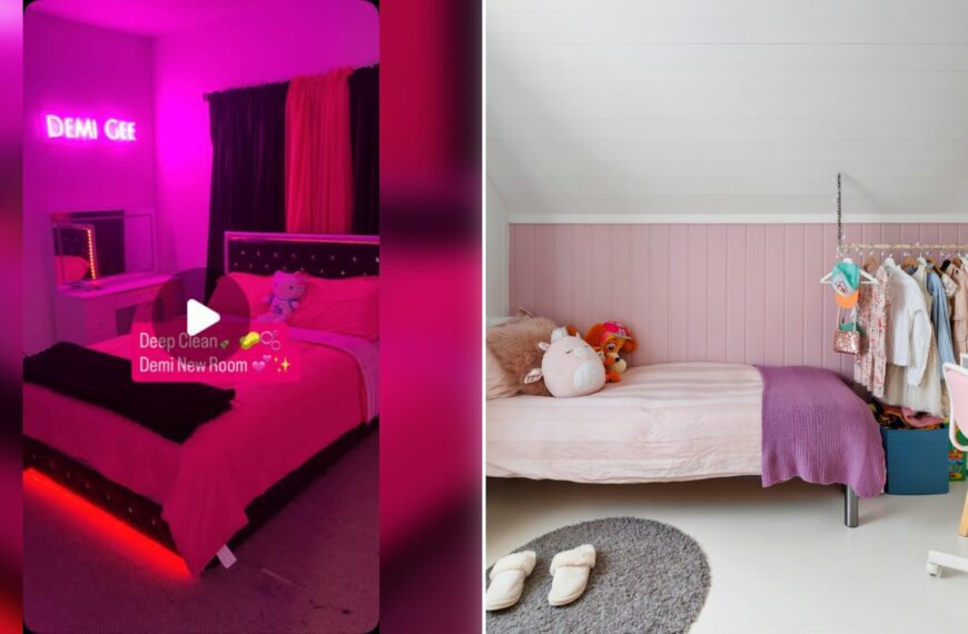Left: cover still from an Instagram reel by @. Right: Child's bedroom with a bed, desk and chair (Unsplash photo by Lisa Anna).