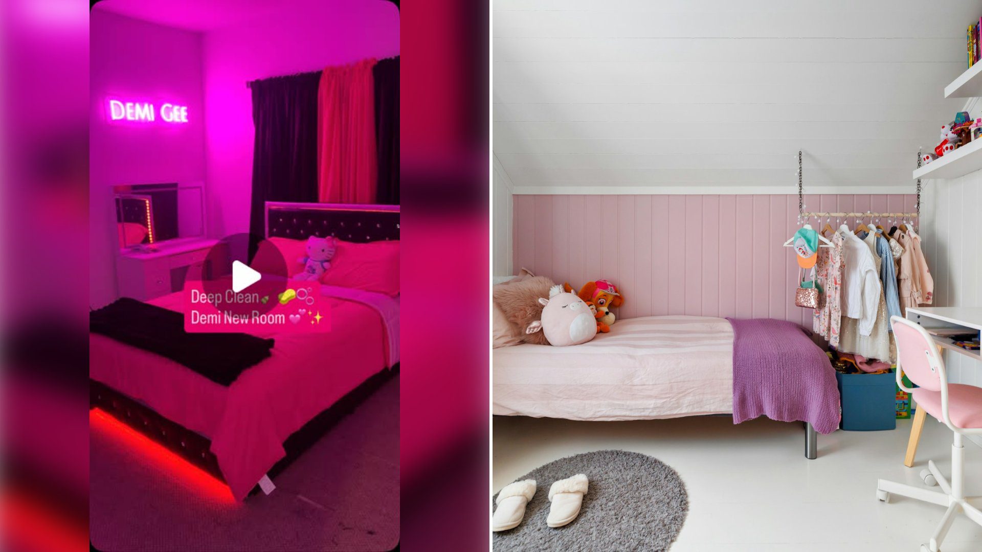 Left: cover still from an Instagram reel by @. Right: Child's bedroom with a bed, desk and chair (Unsplash photo by Lisa Anna).