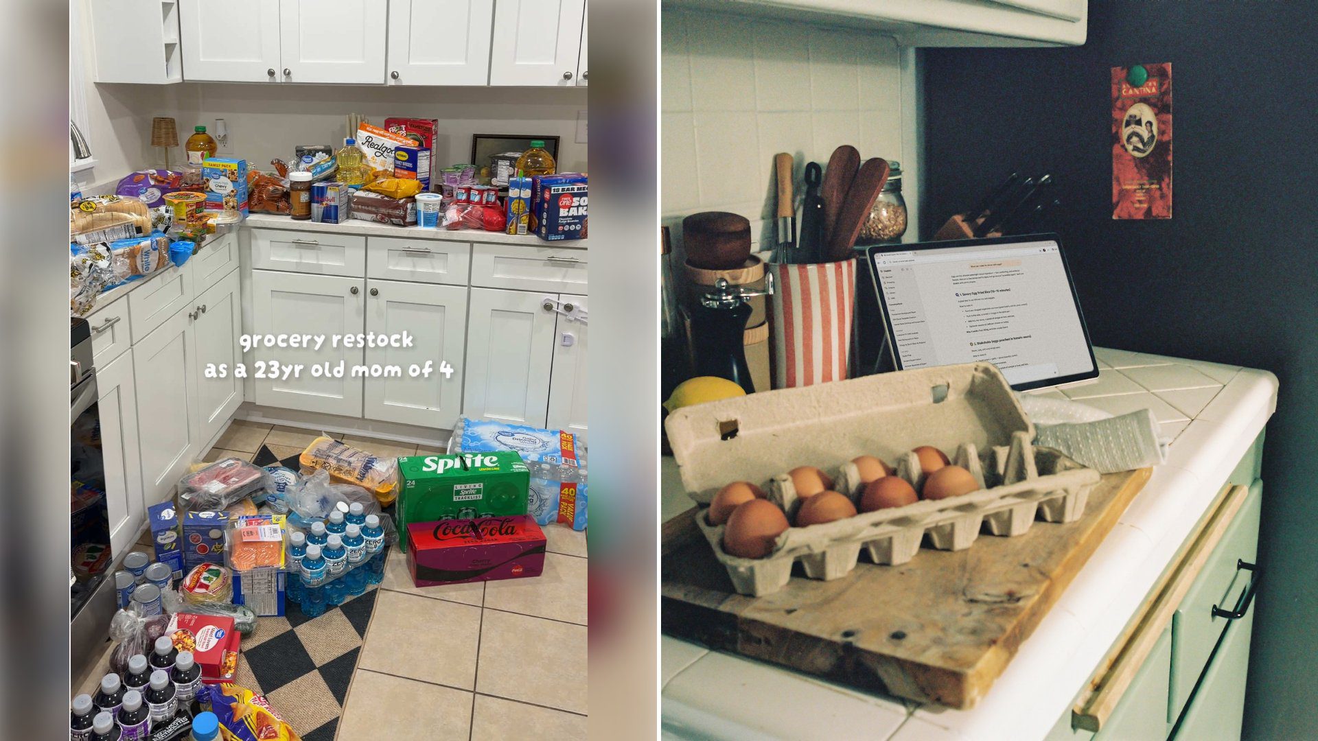 Left: cover still from a TikTok video by @emi_coker. Right: Carton of brown eggs on a kitchen counter (Unsplash photo by Microsoft Copilot).