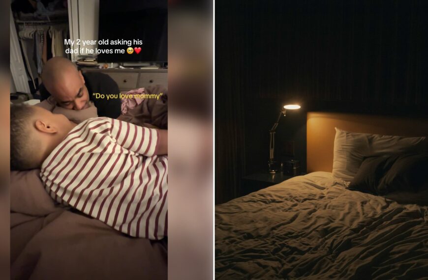Left: cover still from a TikTok video by @yodunston. Right: Table lamp turned on beside a bed (Unsplash photo by Jp Valery).