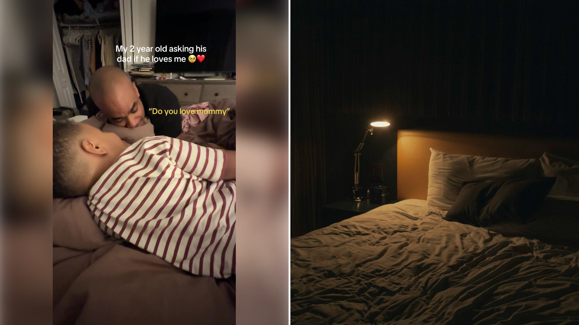 Left: cover still from a TikTok video by @yodunston. Right: Table lamp turned on beside a bed (Unsplash photo by Jp Valery).