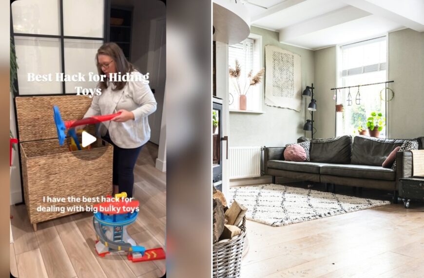 Left: cover still from an Instagram reel by @. Right: Sofa in a living room next to a large woven basket (Unsplash photo by Sven Brandsma).