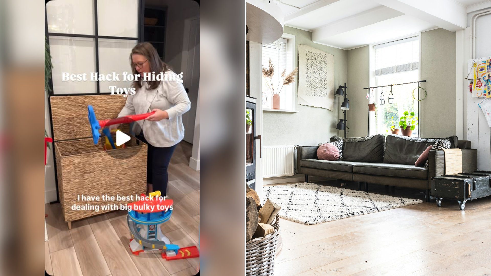 Left: cover still from an Instagram reel by @. Right: Sofa in a living room next to a large woven basket (Unsplash photo by Sven Brandsma).
