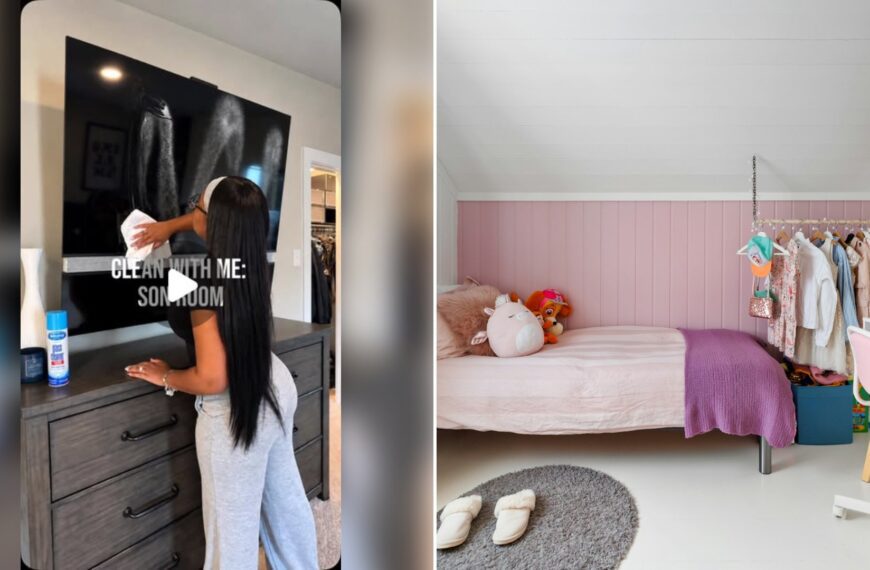 Left: cover still from an Instagram reel by @. Right: Tidy bedroom with a bed, desk and chair (Unsplash photo by Lisa Anna).