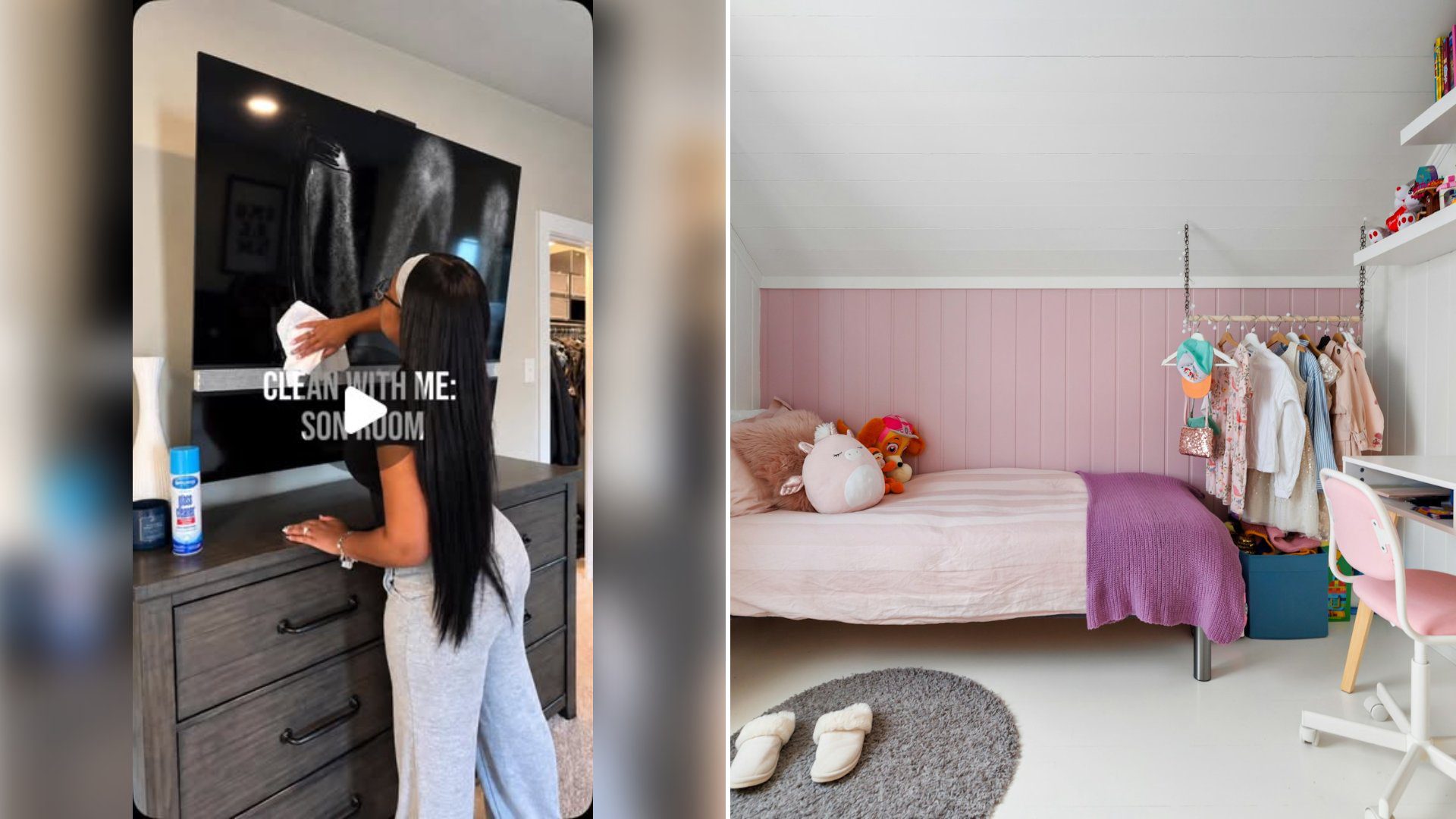 Left: cover still from an Instagram reel by @. Right: Tidy bedroom with a bed, desk and chair (Unsplash photo by Lisa Anna).