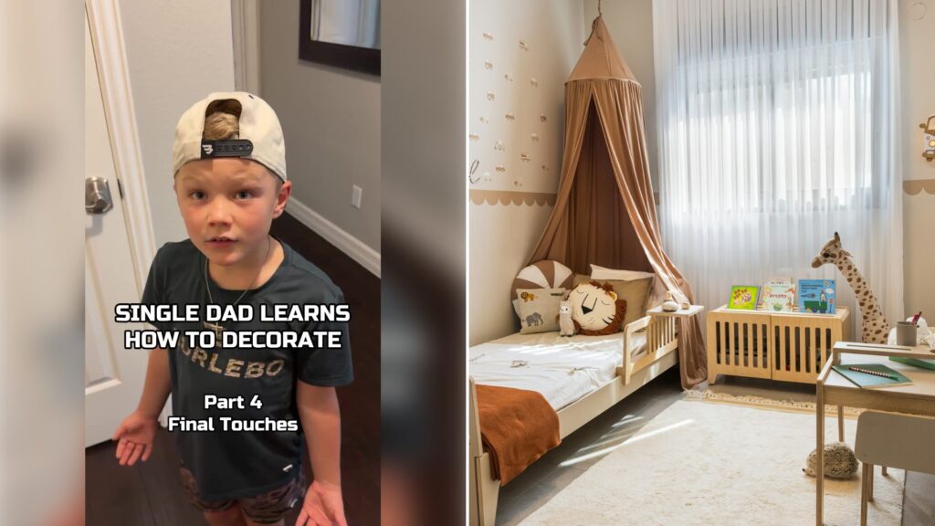 Left: cover still from a TikTok video by @taylorodlozil. Right: Cozy child's bedroom with a bed and desk (Unsplash photo by Shoham Avisrur).