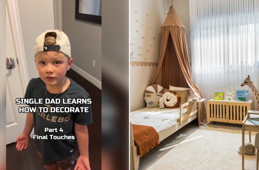 Left: cover still from a TikTok video by @taylorodlozil. Right: Cozy child's bedroom with a bed and desk (Unsplash photo by Shoham Avisrur).