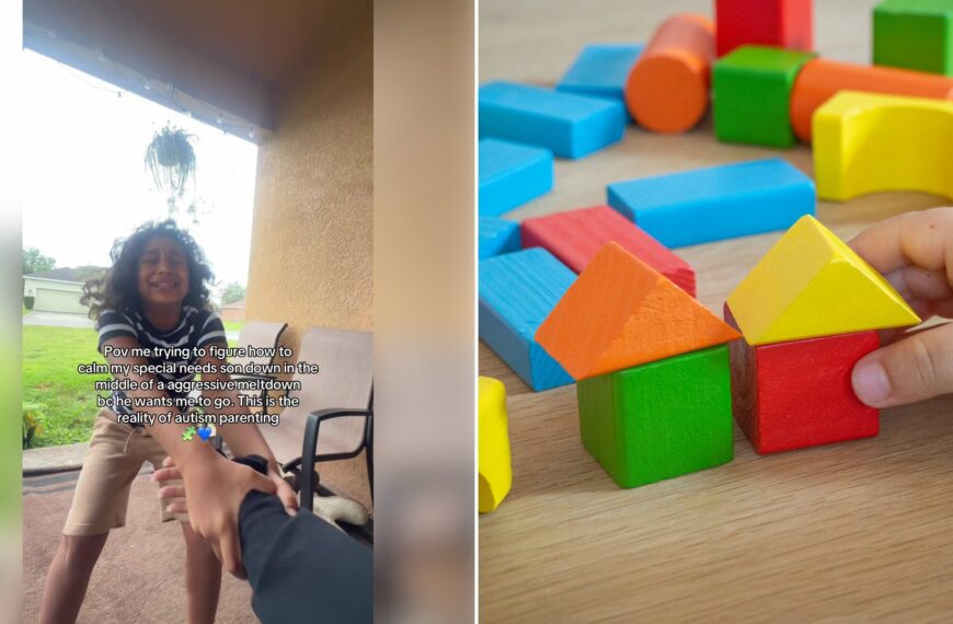 Left: cover still from a TikTok video by @itscassieblanko. Right: Assorted colorful wooden toy blocks (Unsplash photo by Michał Bożek).