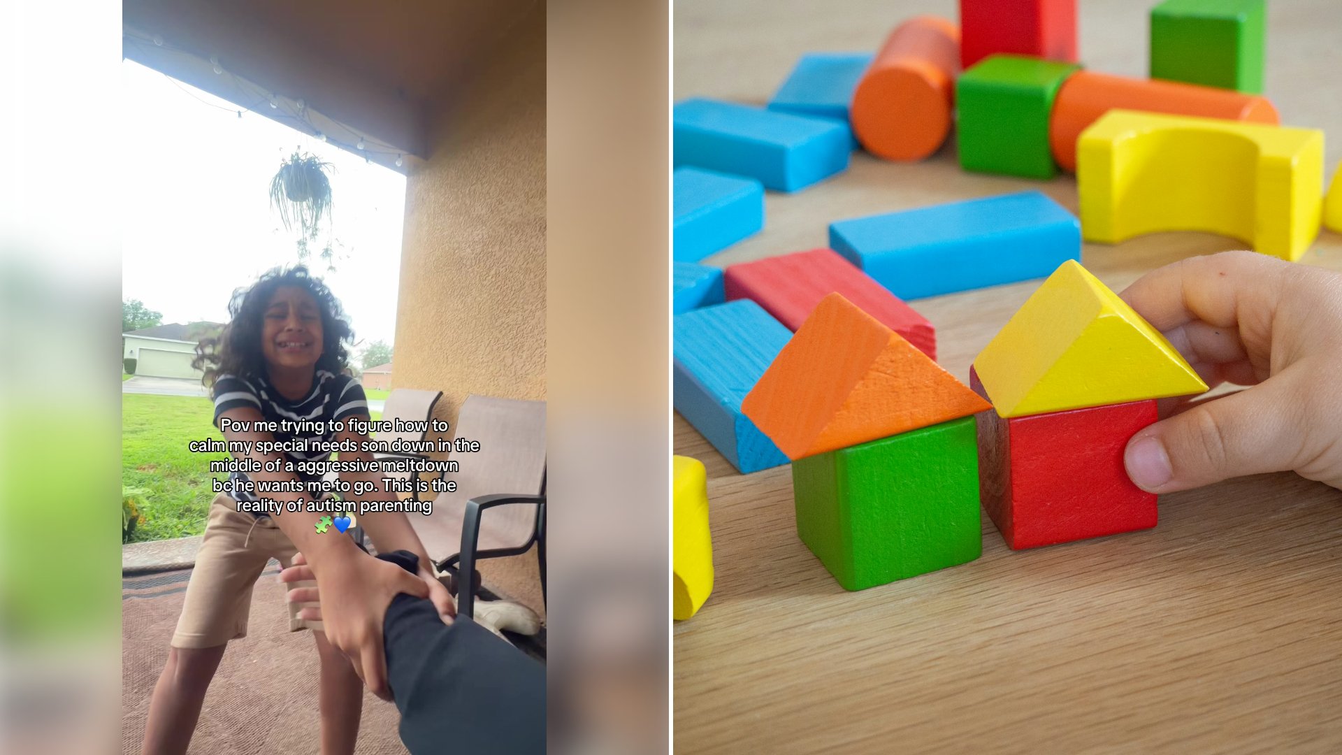 Left: cover still from a TikTok video by @itscassieblanko. Right: Assorted colorful wooden toy blocks (Unsplash photo by Michał Bożek).