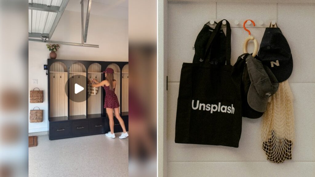 Left: cover still from an Instagram reel by @. Right: Black tote bag and caps hanging on wall hooks (Unsplash photo by Thingsneverchange).