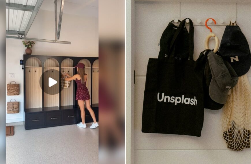 Left: cover still from an Instagram reel by @. Right: Black tote bag and caps hanging on wall hooks (Unsplash photo by Thingsneverchange).