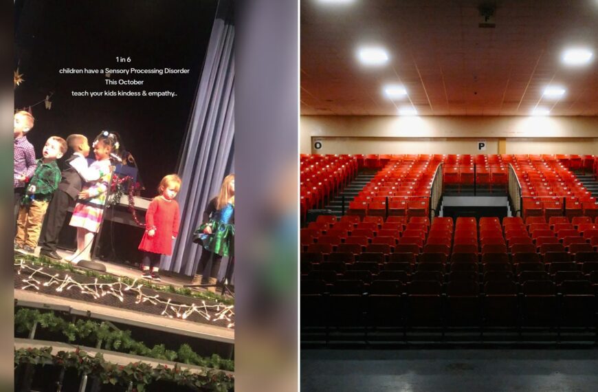 Left: cover still from a TikTok video by @thatash97. Right: Empty auditorium with rows of red seats (Unsplash photo by Al Butler).