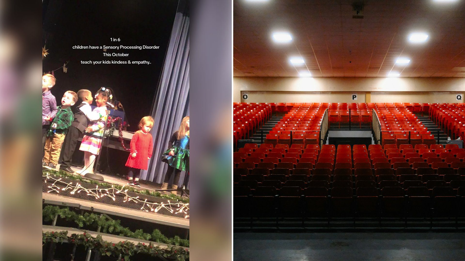Left: cover still from a TikTok video by @thatash97. Right: Empty auditorium with rows of red seats (Unsplash photo by Al Butler).