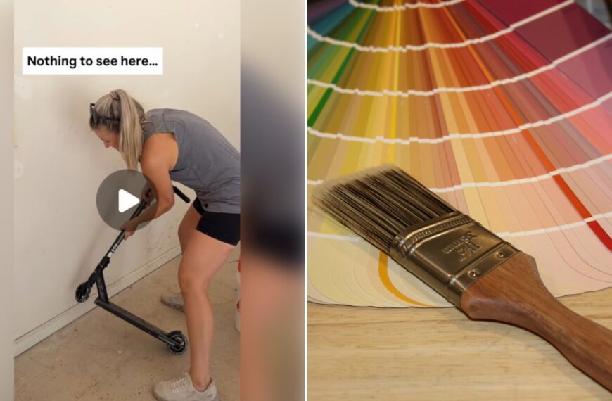 Left: cover still from an Instagram reel by @. Right: Paint color fan deck and a paint brush on a plaid cloth (Unsplash photo by Frank Sobolewski).