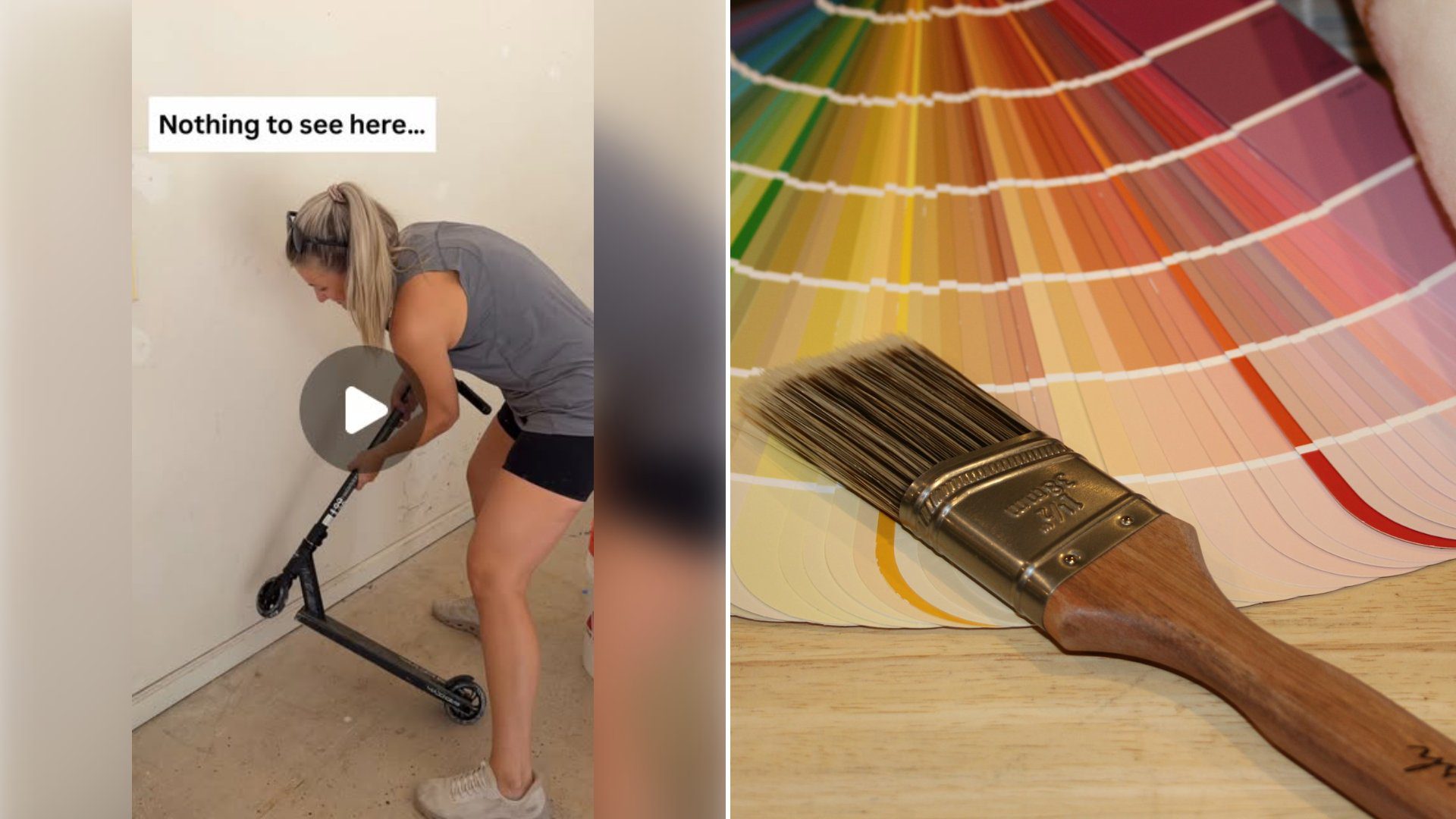 Left: cover still from an Instagram reel by @. Right: Paint color fan deck and a paint brush on a plaid cloth (Unsplash photo by Frank Sobolewski).