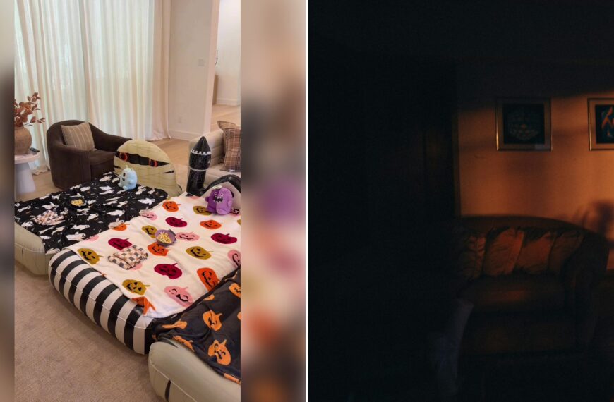 Left: cover still from a TikTok video by @kaylagresh. Right: Dimly lit living room with framed art on the wall (Unsplash photo by Helena Lopes).