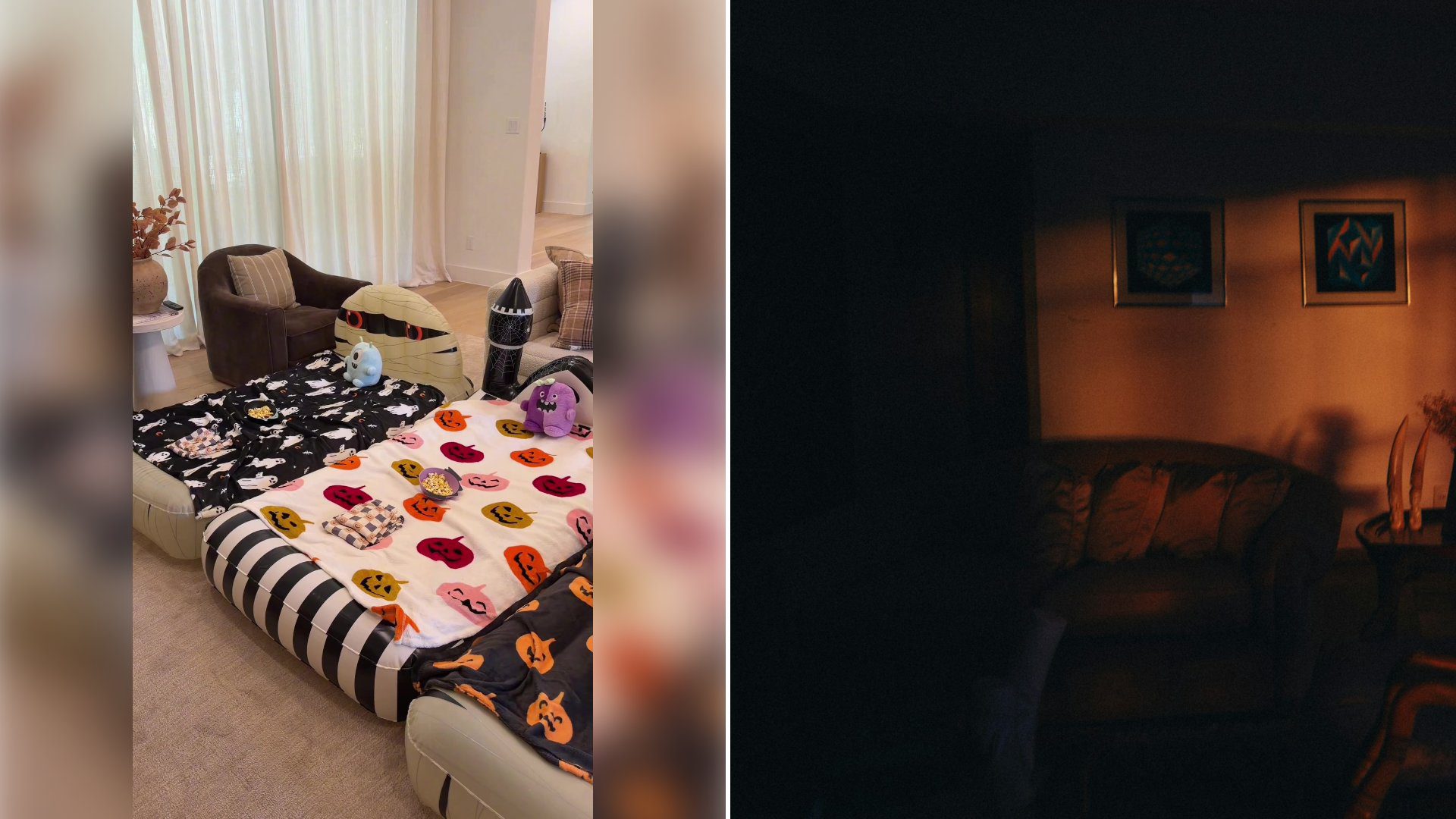 Left: cover still from a TikTok video by @kaylagresh. Right: Dimly lit living room with framed art on the wall (Unsplash photo by Helena Lopes).