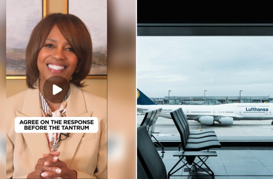 Left: cover still from an Instagram reel by @. Right: Rows of empty gray airport seats in daytime (Unsplash photo by Dennis Gecaj).