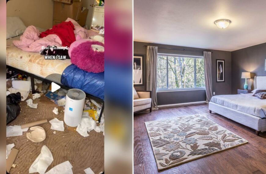 Left: cover still from an Instagram reel by @. Right: Bedroom with dark grey walls, a large bed and a floral area rug (Unsplash photo by Francesca Tosolini).