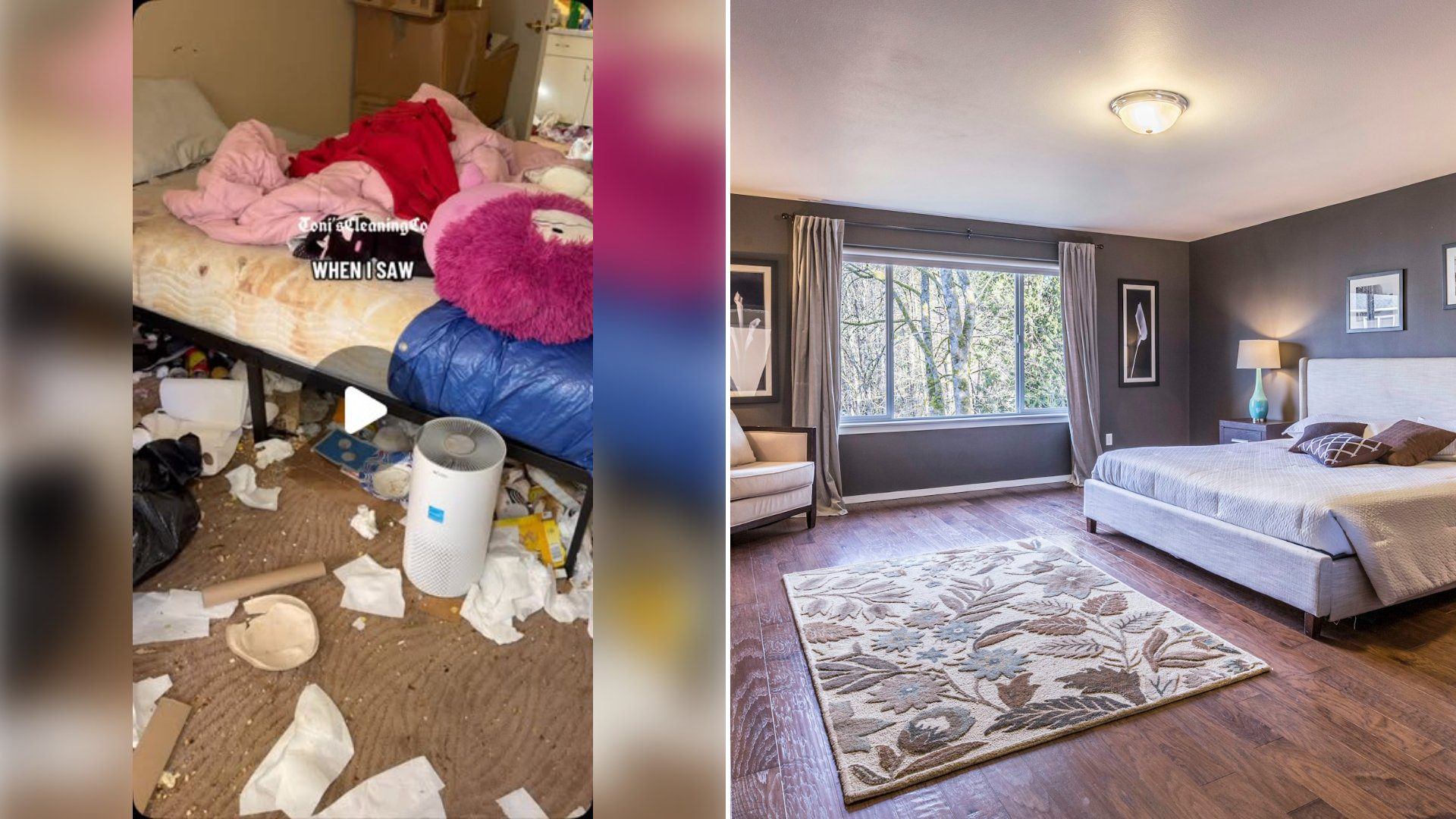 Left: cover still from an Instagram reel by @. Right: Bedroom with dark grey walls, a large bed and a floral area rug (Unsplash photo by Francesca Tosolini).