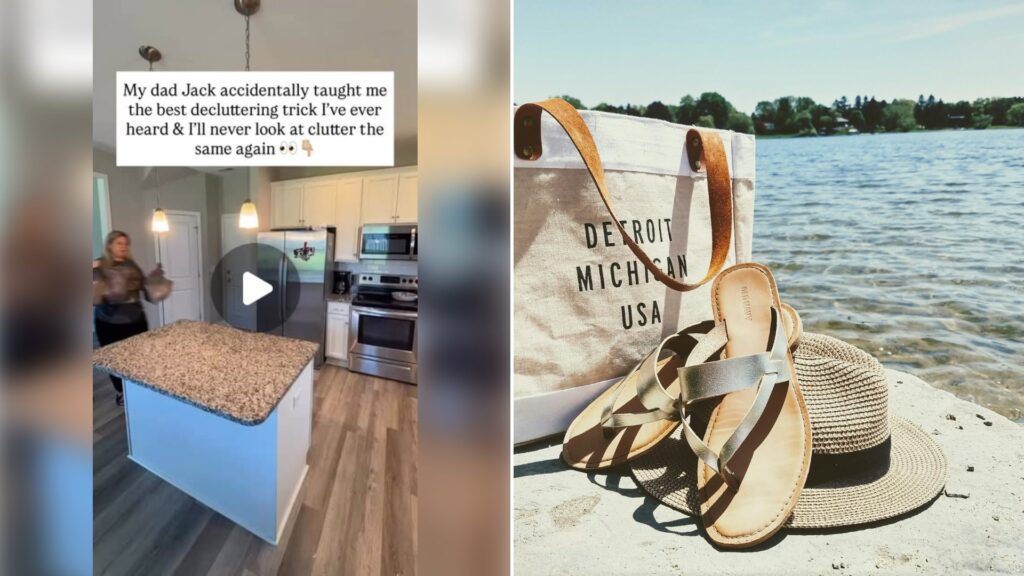 Left: cover still from an Instagram reel by @. Right: Hat, sandals and bag on the shore near water (Unsplash photo by Mariah Hewines).