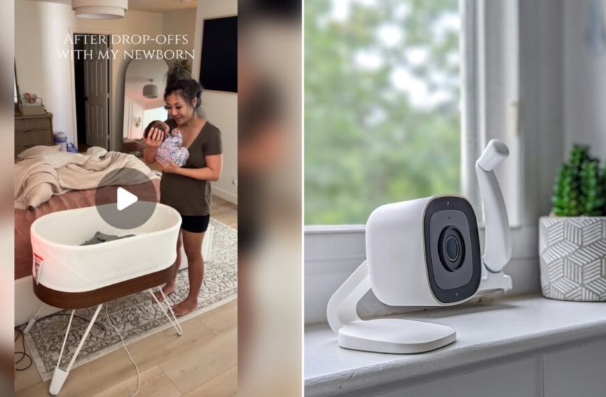 Left: cover still from an Instagram reel by @. Right: Small white home security camera sitting on a counter (Unsplash photo by Obi).