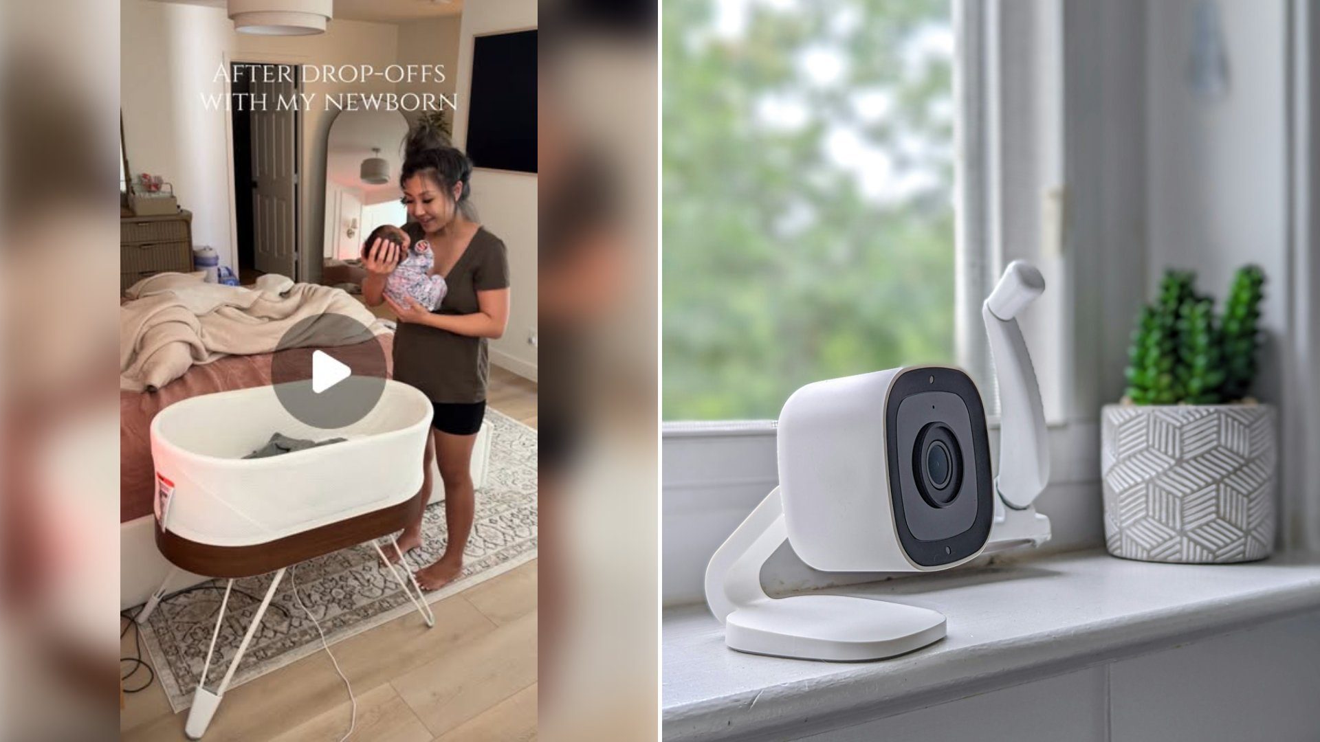 Left: cover still from an Instagram reel by @. Right: Small white home security camera sitting on a counter (Unsplash photo by Obi).