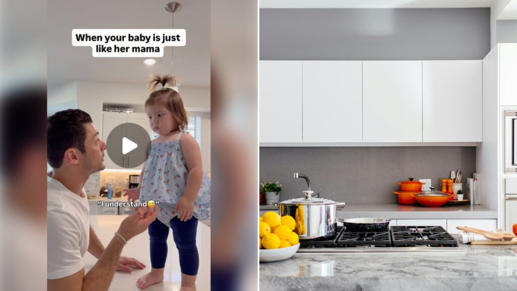 Left: cover still from an Instagram reel by @. Right: Modern white kitchen with a marble island (Unsplash photo by Jason Briscoe).