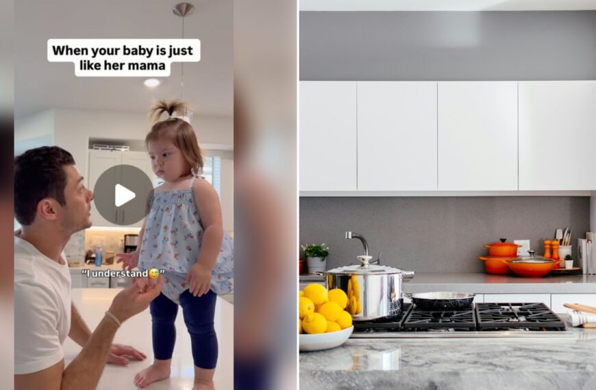 Left: cover still from an Instagram reel by @. Right: Modern white kitchen with a marble island (Unsplash photo by Jason Briscoe).
