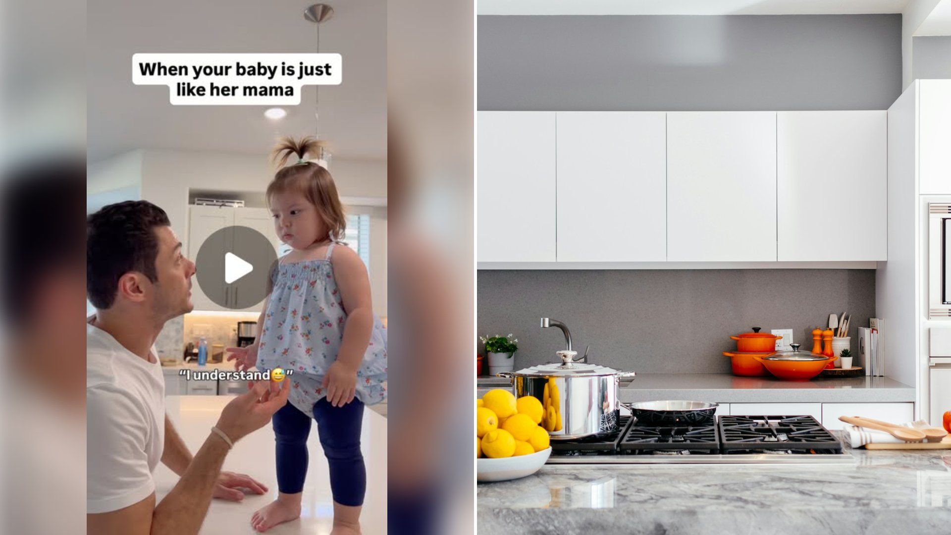 Left: cover still from an Instagram reel by @. Right: Modern white kitchen with a marble island (Unsplash photo by Jason Briscoe).