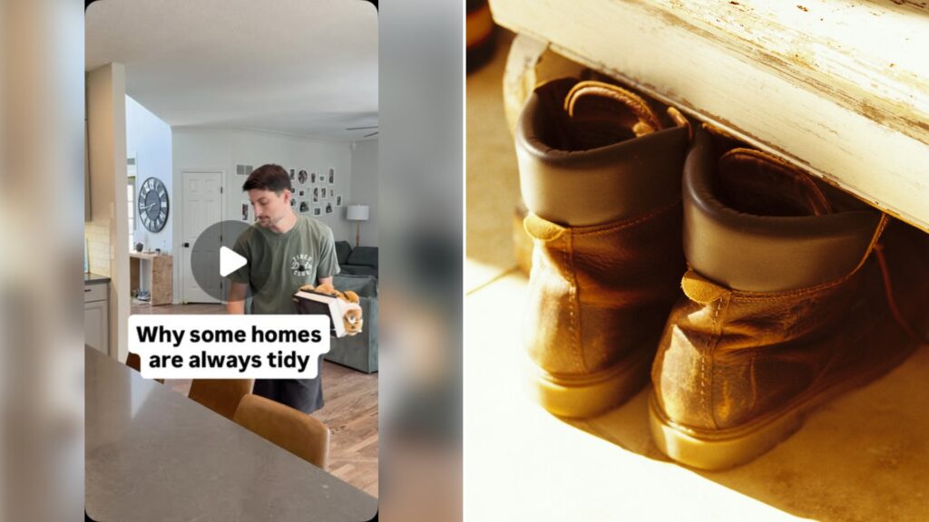 Left: cover still from an Instagram reel by @. Right: Worn leather boots tucked under a bench in a sunlit tiled hallway (Unsplash photo by Barney Goodman).