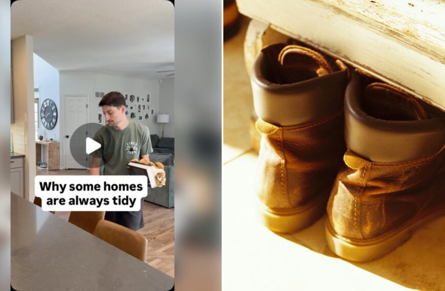 Left: cover still from an Instagram reel by @. Right: Worn leather boots tucked under a bench in a sunlit tiled hallway (Unsplash photo by Barney Goodman).