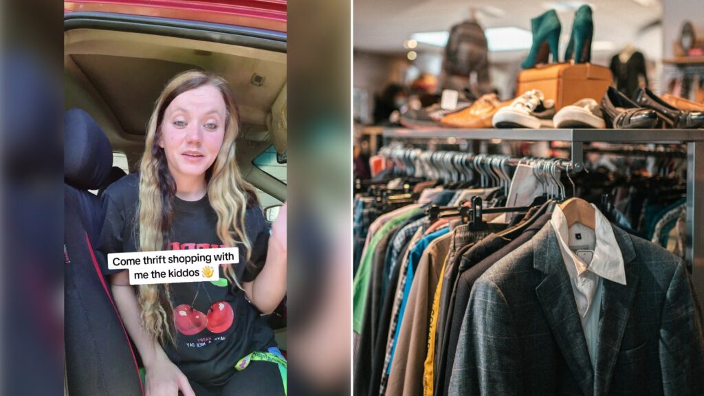 Left: cover still from a TikTok video by @shelbers95. Right: Rack of clothes and shoes in a store (Unsplash photo by Hugo Clément).