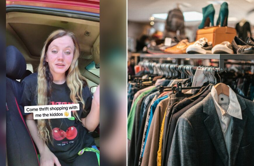 Left: cover still from a TikTok video by @shelbers95. Right: Rack of clothes and shoes in a store (Unsplash photo by Hugo Clément).