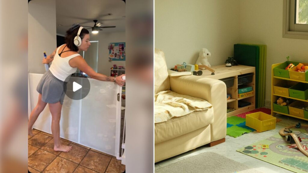 Left: cover still from an Instagram reel by @. Right: Children's playroom with toys and storage (Unsplash photo by Roman Kravtsov).