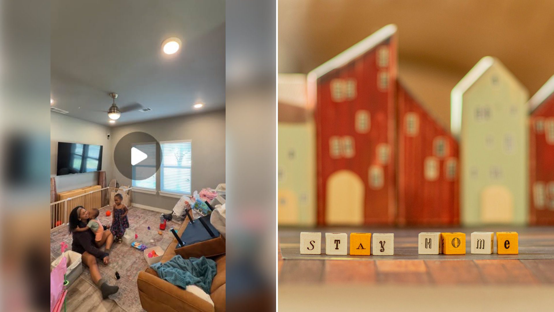 Left: cover still from an Instagram reel by @. Right: Red and white toy building blocks scattered on a surface (Unsplash photo by Elena Mozhvilo).