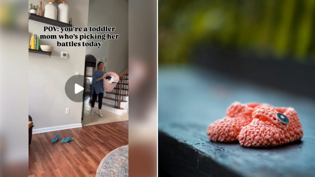 Left: cover still from an Instagram reel by @. Right: Pair of baby's pink knit shoes on a bench (Unsplash photo by Janko Ferlič).