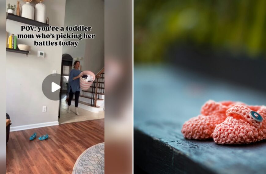 Left: cover still from an Instagram reel by @. Right: Pair of baby's pink knit shoes on a bench (Unsplash photo by Janko Ferlič).