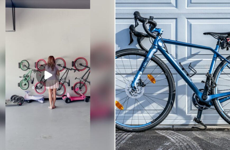 Left: cover still from an Instagram reel by @. Right: Blue and black road bike leaning against a garage door (Unsplash photo by chris robert).