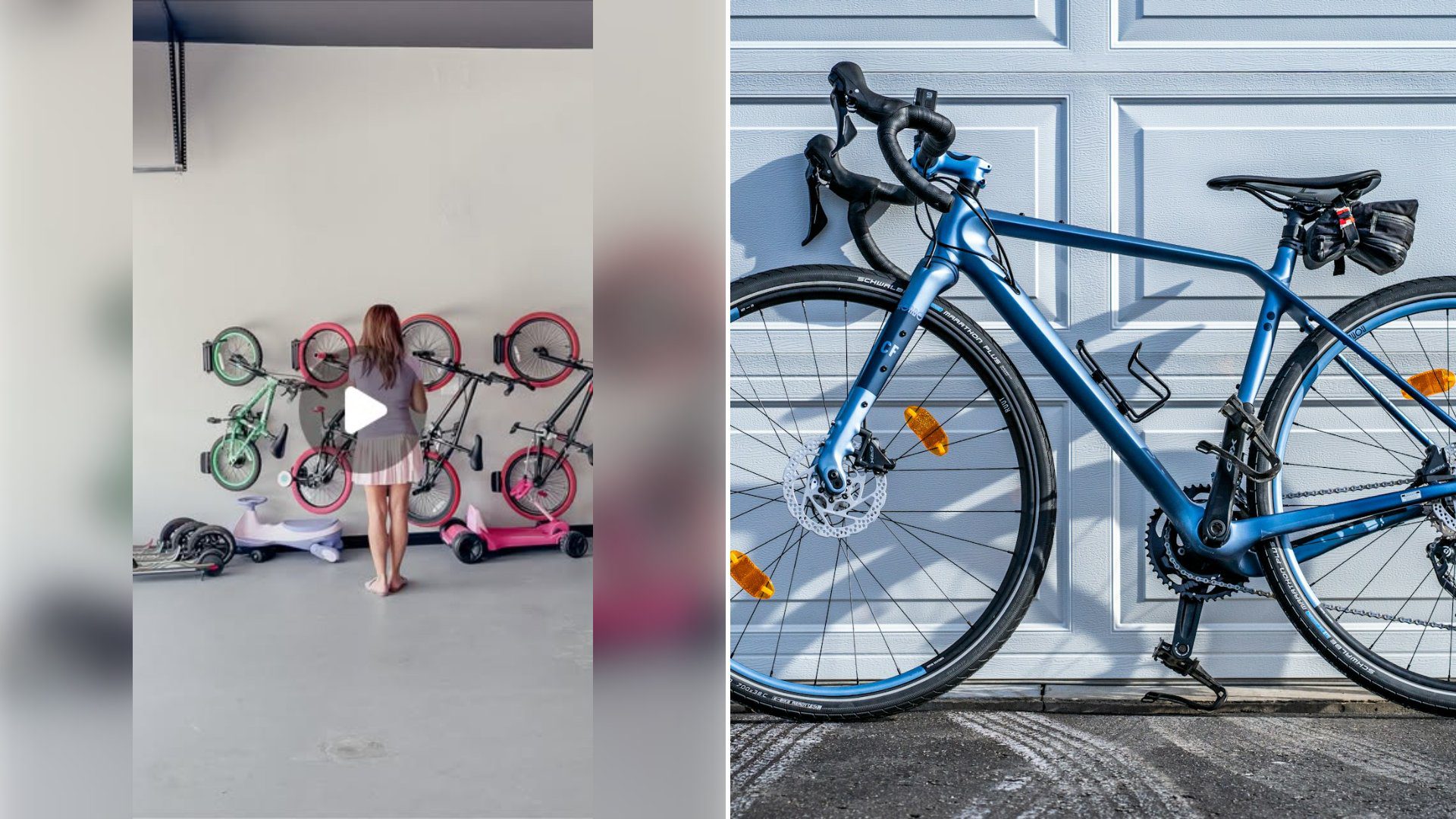 Left: cover still from an Instagram reel by @. Right: Blue and black road bike leaning against a garage door (Unsplash photo by chris robert).